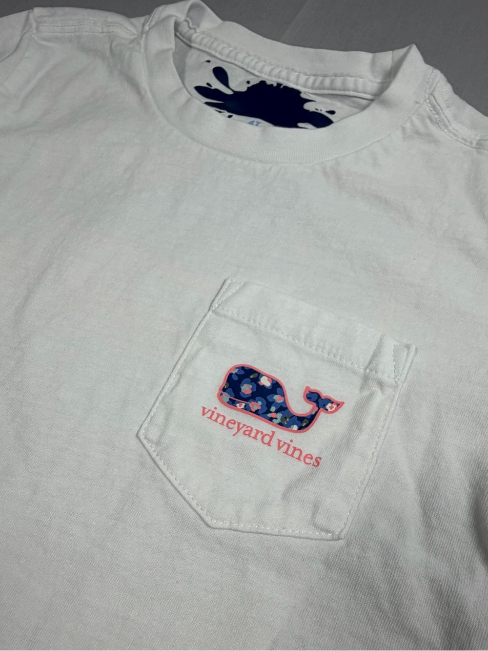 Vineyard Vines White Tee with Navy Floral Whale and Pink Trim - Picture 2 of 5